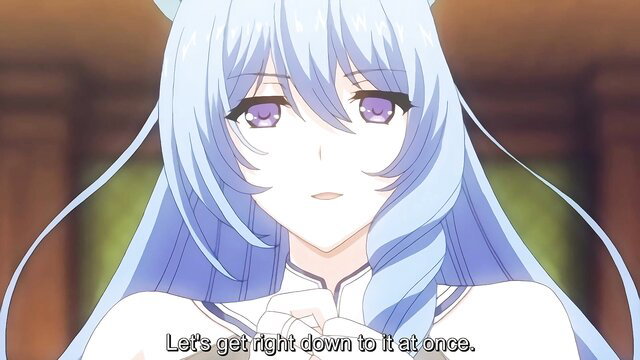 Blue-haired busty demi-human anime mom in white dress says 'Let's get right down to it at once'