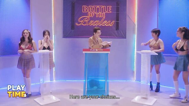 Bralless Battle sexy Asian models in lingerie and skirts on stage