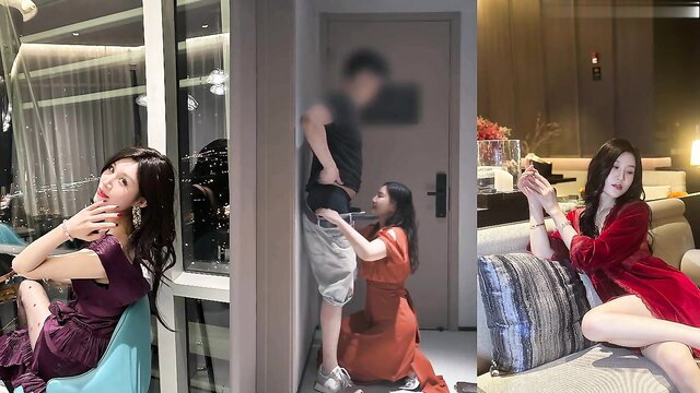 Asian MILF sex slave kneels sucking cock in hotel room
