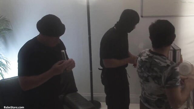 Masked men in retro costumes with big fake tits babes titty fucking