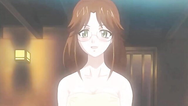 Hentai anime mom with glasses in towel, blushing aroused face