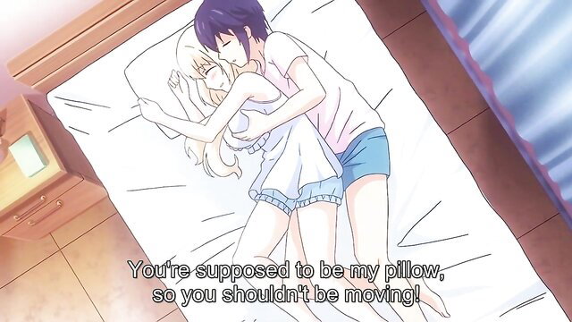 Blonde anime girl hugs purple-haired guy in bed, romantic hentai cuddle