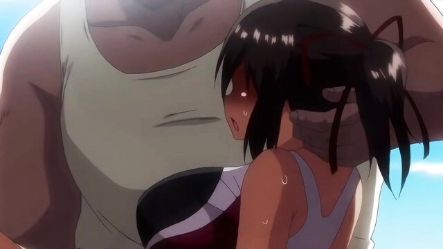 NTR hentai: ugly bastard coach gropes petite black-haired girlfriend outdoors