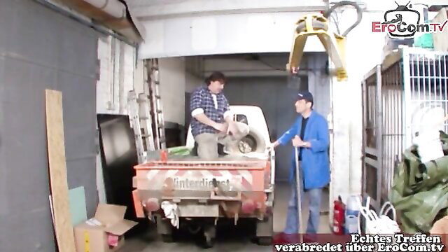 Kinky family sex at work: two men with teen in truck bed