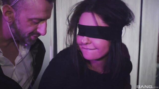 Blindfolded brunette slut blindfolded ready for hot threesome anal sex