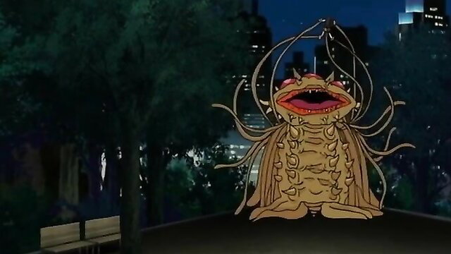 Tentacle monster with gaping maw in dark park, hentai style