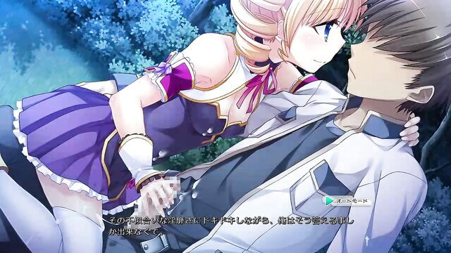 Blonde anime girl in purple dress embraces guy in suit, intimate hug scene