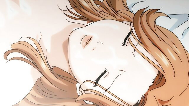 Anime girl with long orange hair sleeping sideways, soft lighting, JAV style