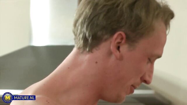 Mature man neck exposed in CFNM kitchen sex with clothed couple