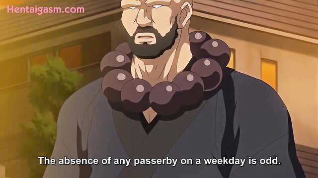 Bald muscular monk in dark robes with prayer beads in empty street, hentai