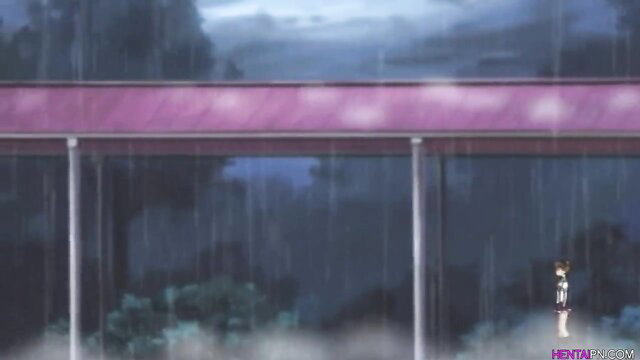 Anime hentai girl in rain on bridge, wet uniform skirt up, uncensored big pussy tease