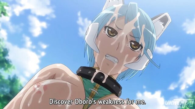 Blue-haired hentai cosplay girl with cat ears covered in cum, squirting on huge cock