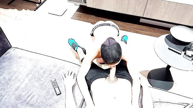 POV gay guy sucking dick and eating cum on couch