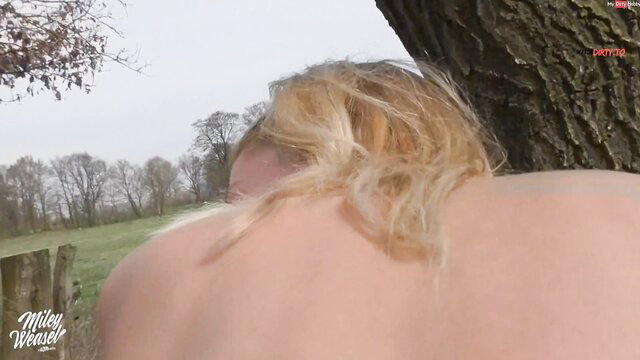 Miley Weasel nude outdoors bent over tree, exposed hotwife fuck