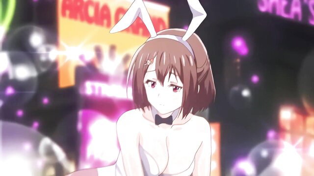 Busty hentai bunny girl in revealing outfit at neon club