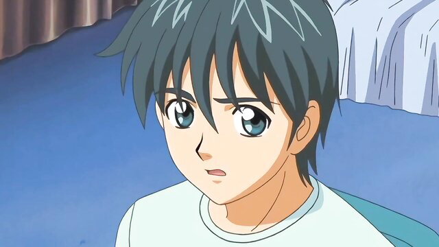 Anime thumbnail of cute blue-haired college guy in white shirt from My Brother's Wife JAV