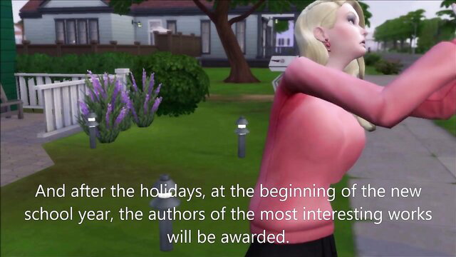 Blonde busty Sims woman gesturing outdoors, naked desire tease