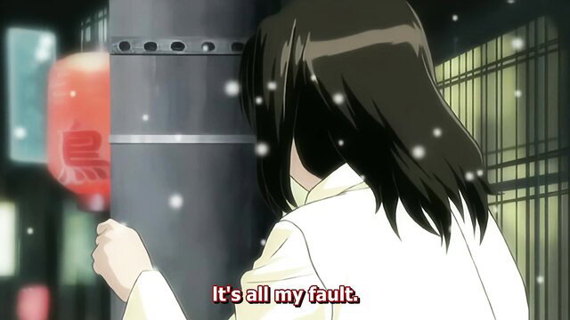 Sad anime girl with brown hair in snow, guilty expression, from Panty Flash Teacher hentai