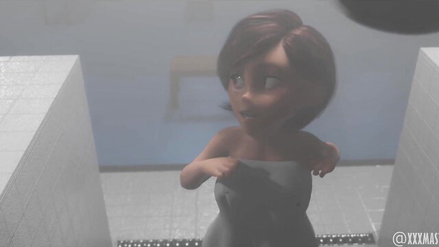 Helen Parr nude in shower, wet milf body glistening