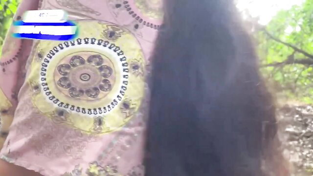 Piumi22 in pink floral dress, long black hair, risky outdoor village tease