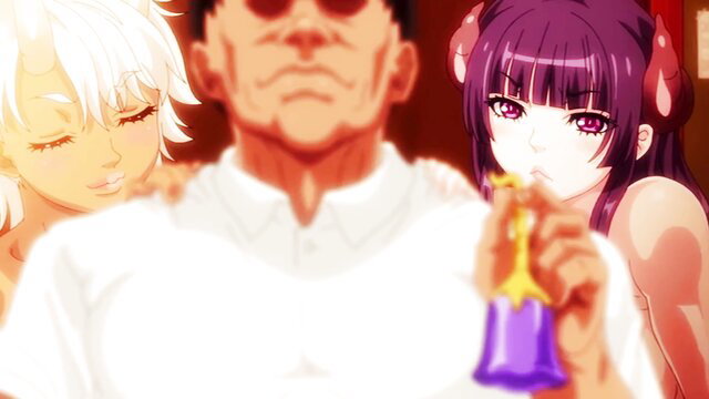 Succubus hentai threesome with white-haired girl and purple-haired demoness around suited man