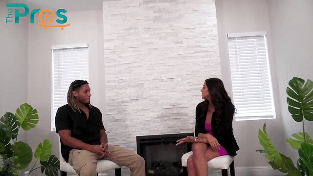 Hot interracial interview with black man and Latina babe on white couch