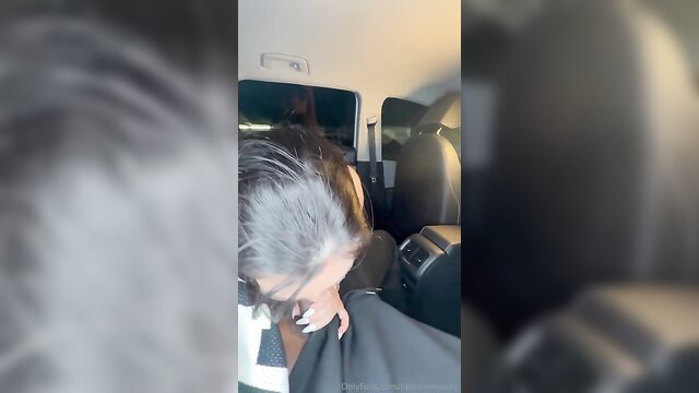 VictoryaXO in car, gray hair, white shirt, hand on crotch, amateur tease