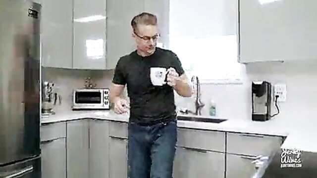 Step mom in kitchen holding mug, horny taboo tease