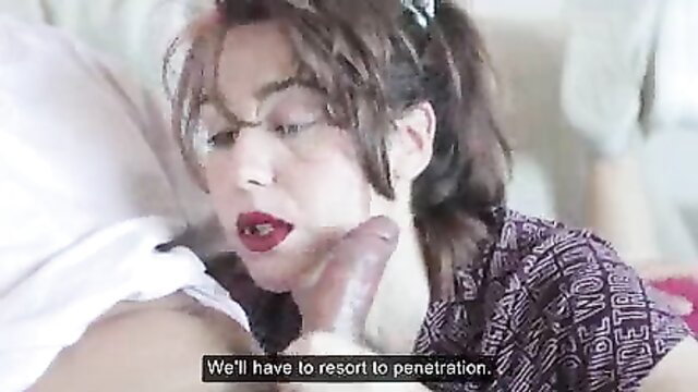 Japanese stepmom with glasses sucks stepson's cock in taboo blowjob