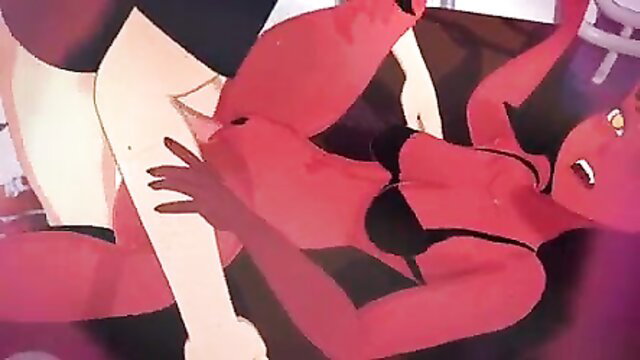 Red-skinned succubus Mery in lingerie fucked hard by pale stud, hentai creampie