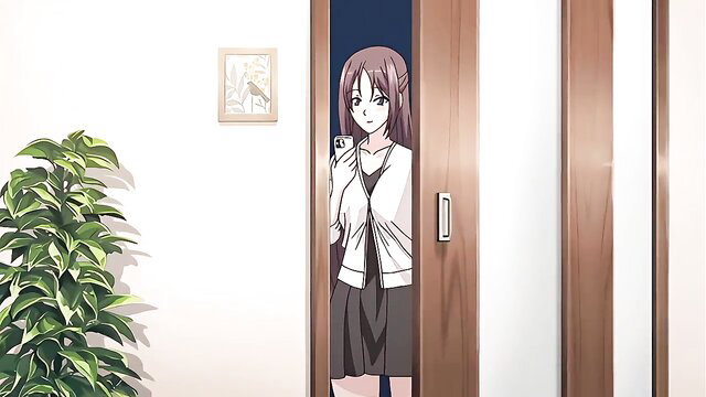 Anime girl in open blouse and skirt taking mirror selfie at door
