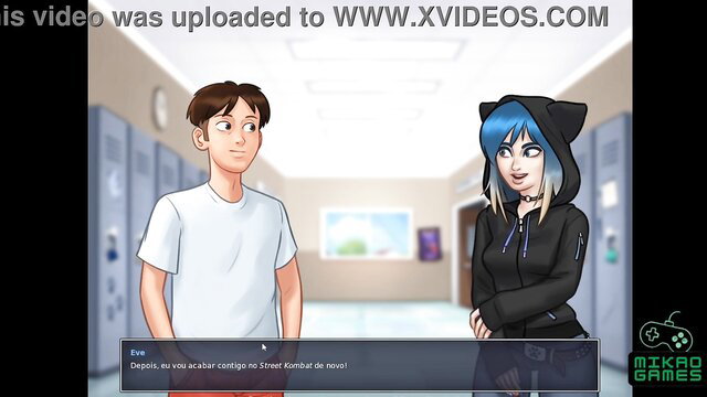 Summertime Saga ep 73: Blue-haired hoodie girl chats with guy in school hallway