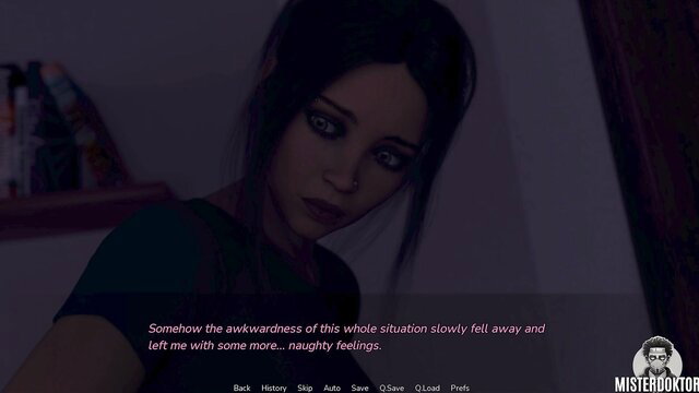 Asian visual novel girl with black hair, green top, aroused naughty feelings closeup