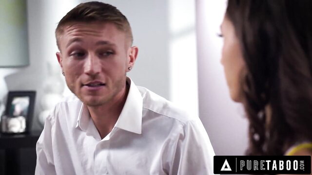 Maya Woulfe secret taboo talk with handsome man in white shirt