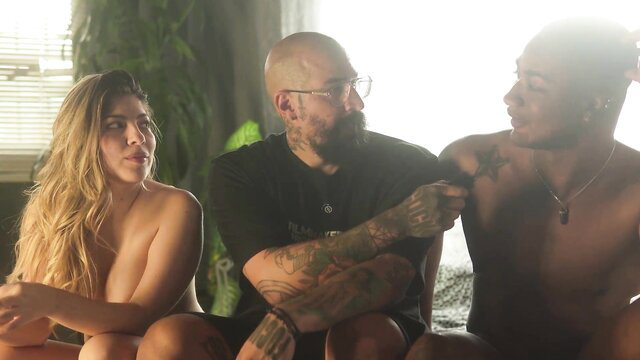 Blonde white girl nude with black and tattooed white guys in threesome preview