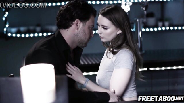 Laney Grey close-up kiss with boss in tight grey top job interview