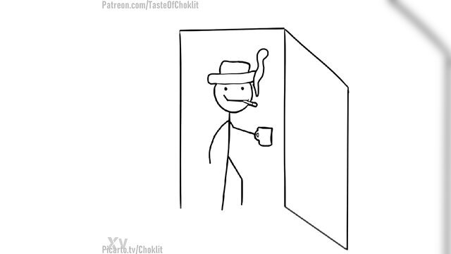 Tasteofchoklit stickman in hat sips coffee by open door, Are you winning son?