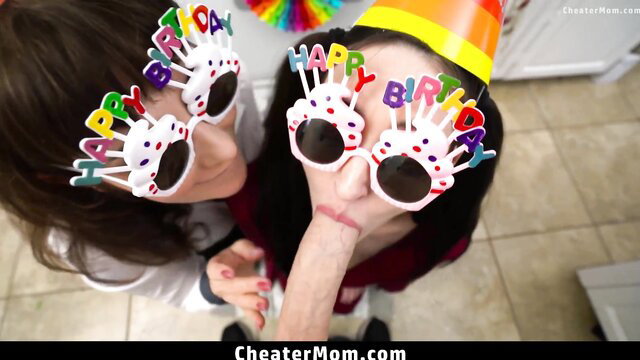 Stepmom and stepsis in birthday glasses suck cock to cheer up boy