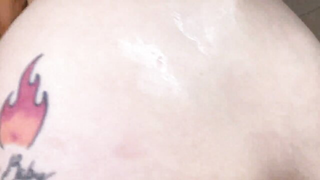 Helen Star's pale ass with flame tattoo, cum dripping post-anal fuck