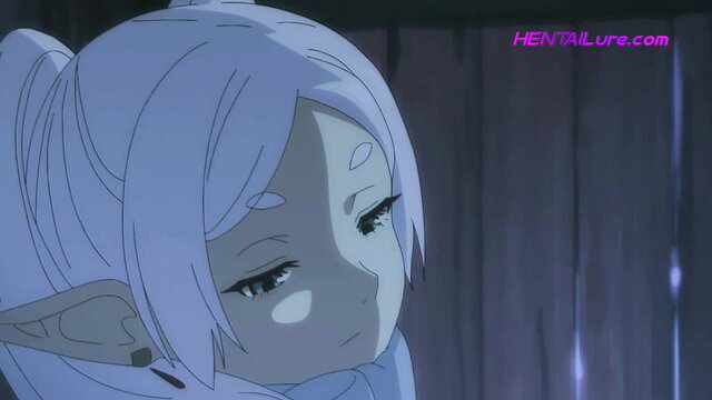Frieren parody anime elf girl with white hair, sad eyes in hentai sex scene