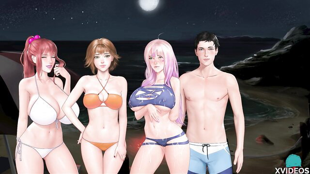 Busty anime girls in bikinis with hunk at moonlit beach