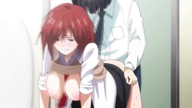 Redhead anime girl bound and groped in school uniform by man in toilet