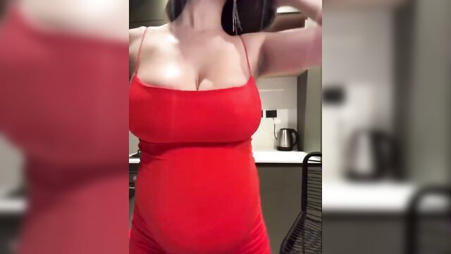 Pregnant stepmom with milky big boobs in tight red dress