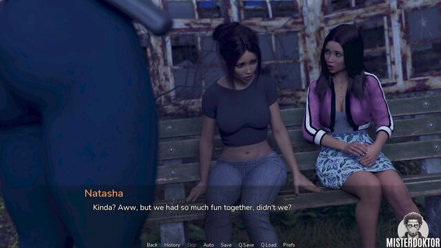 Two busty black women in tight clothes chatting on bench, Misterdoktor