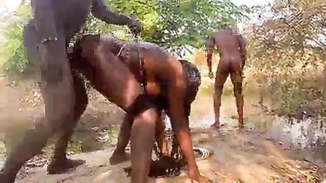 Naked black tribe men outdoor gangbang fuck by river to mountain