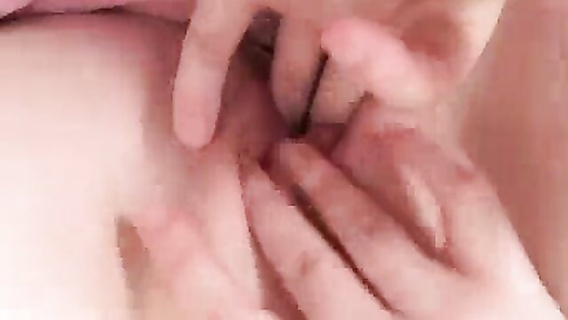 Step sister spreads shaved pussy closeup, fingers tease wet lips first time