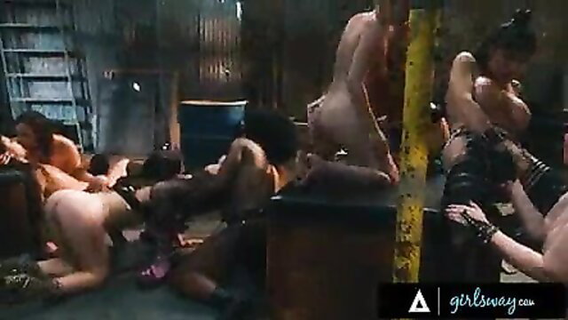 Girlsway babes in wild rough factory orgy with strap-on, fingering, fisting
