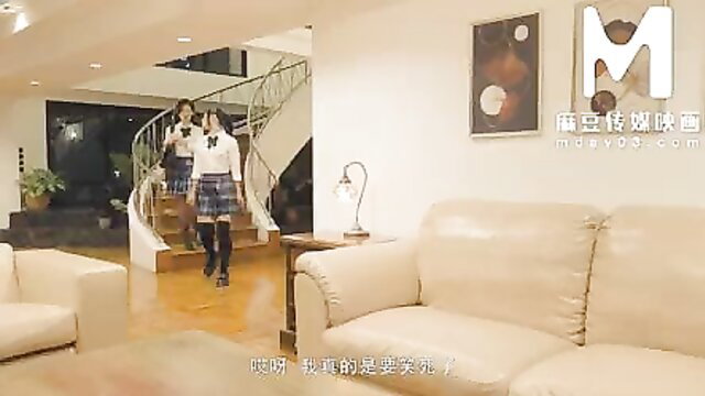 Asian bitch sisters in school uniforms walking up stairs in luxury home