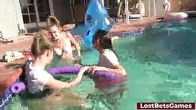 Lucky guy enjoys four bikini babes in pool lost bet orgy