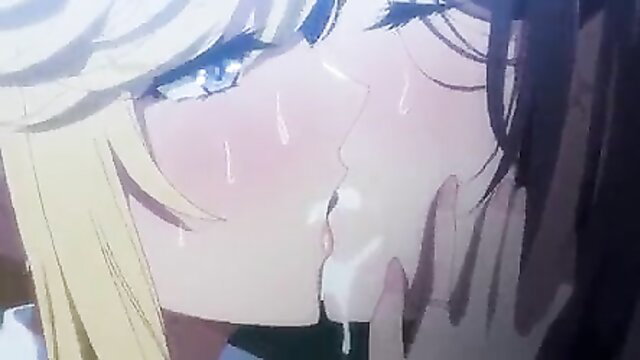 Blonde and black-haired anime girls in intense yuri kiss with saliva drip